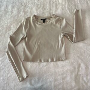 Forever 21 Cream Ribbed Long Sleeve Cropped Top